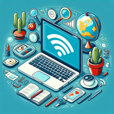 책상 위 노트북과 주변 도구들이 Wi-Fi 신호와 함께 있는 모습