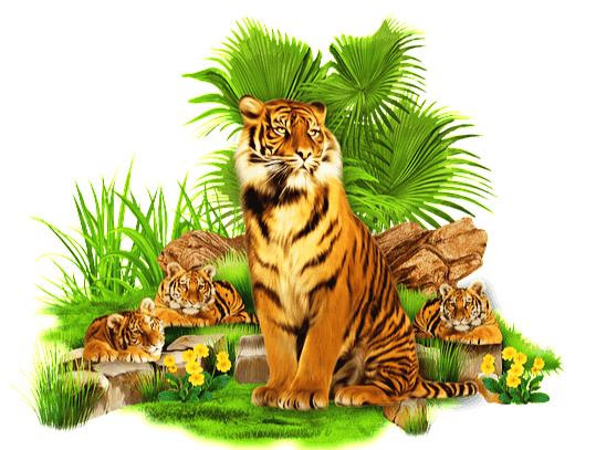 커다란 호랑이가 우뚝 앉아있고 주변에는 작은 호랑이 3마리가 누워있다.