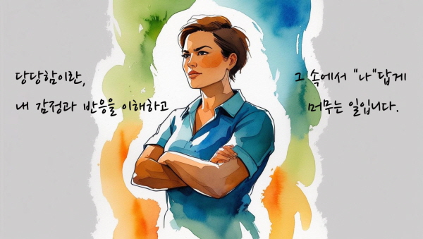 당당함이란 ‘굳이 강한 척’하는 것이 아니라, 내 감정과 반응을 이해하고 그 속에서 나답게 머무는 일입니다에 관한 그림입니다.