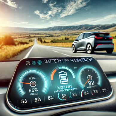 전기차 대시보드를 배터리 상태 및 상태 지표와 함께 클로즈업하여 배터리 수명 관리의 중요성을 강조합니다.