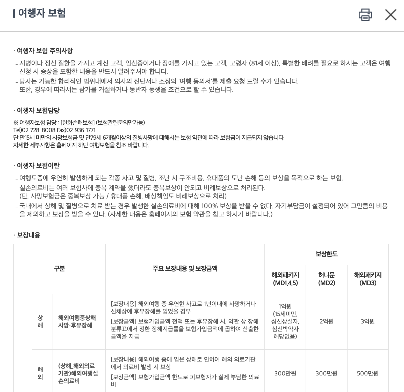 여행자 보험 페이지 모습이다.