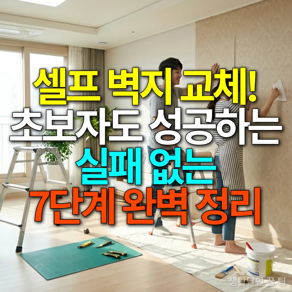 환한 거실에서 한국인 부부가 함께 셀프 벽지 시공을 하는 모습. 한 명은 벽지를 잡고 다른 한 명은 도구를 이용해 기포를 제거하고 있다.