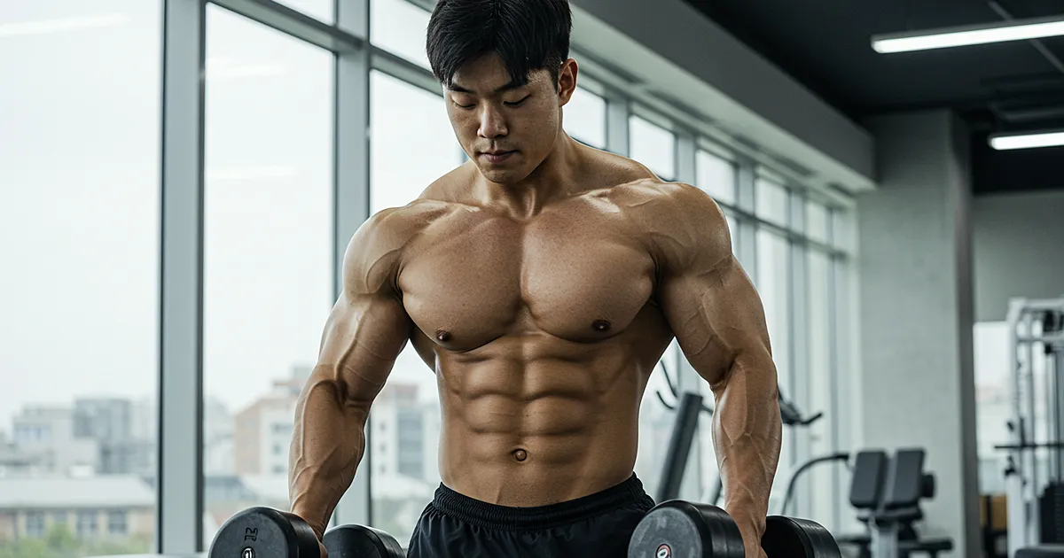 상체를 노출한 근육질 남성이 헬스장에서 덤벨을 들며 집중하고 있는 장면