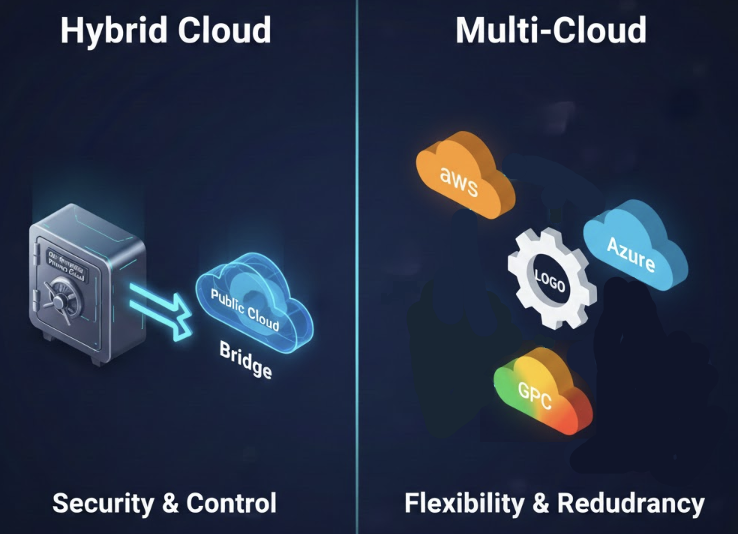 사내 데이터센터와 공용 클라우드를 연결하는 하이브리드 클라우드 구조와, 여러 공용 클라우드 업체를 동시에 활용하여 리스크를 분산하는 멀티 클라우드 전략의 차이점을 시각적으로 비교한 인프라 아키텍처 다이어그램 이미지.