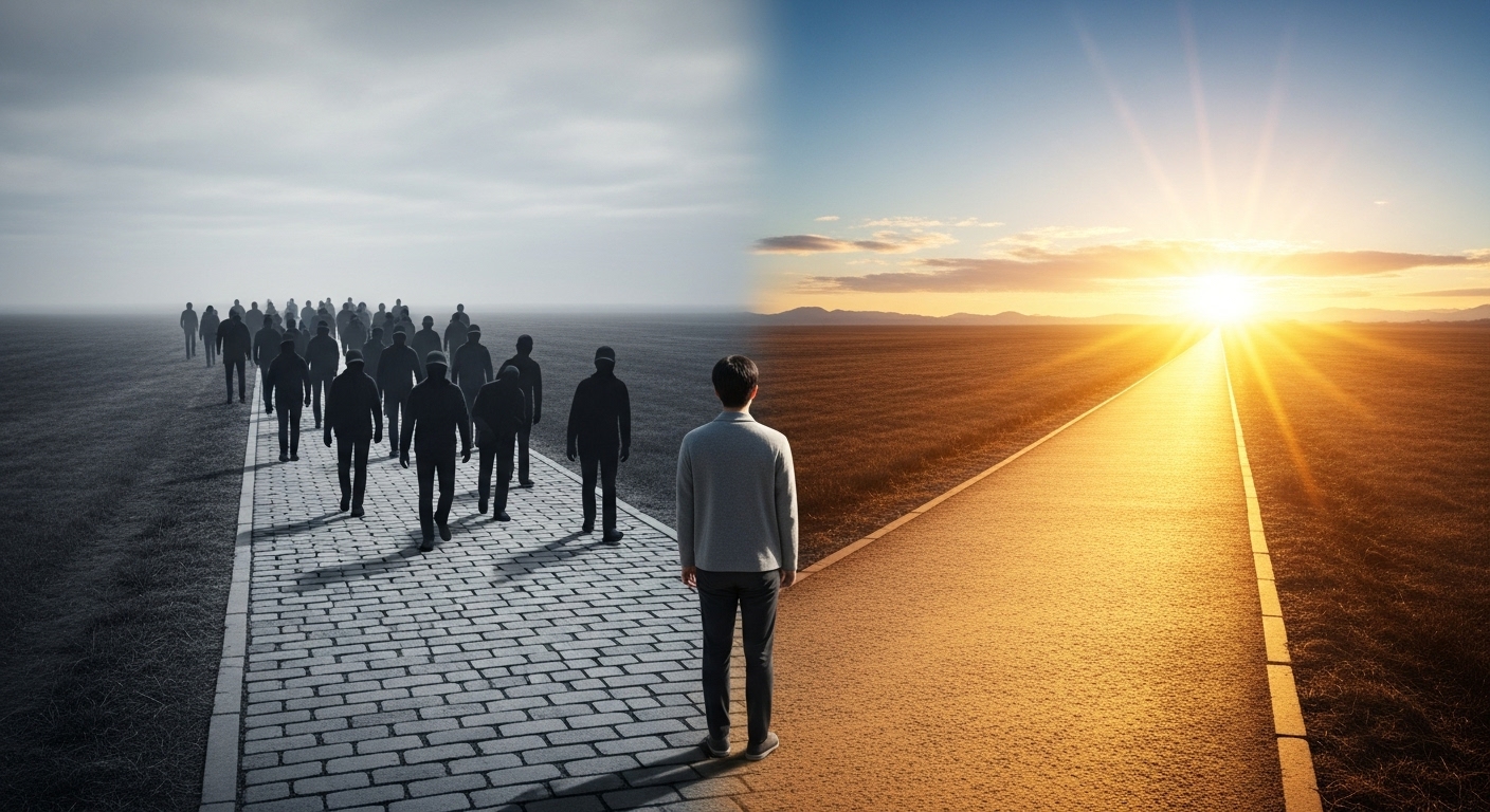 여러 갈래의 직업 경로 앞에 서서 고민하는 사람. 한쪽 길은 희망찬 미래를 상징하며, MBTI를 통한 진로 탐색을 의미한다.