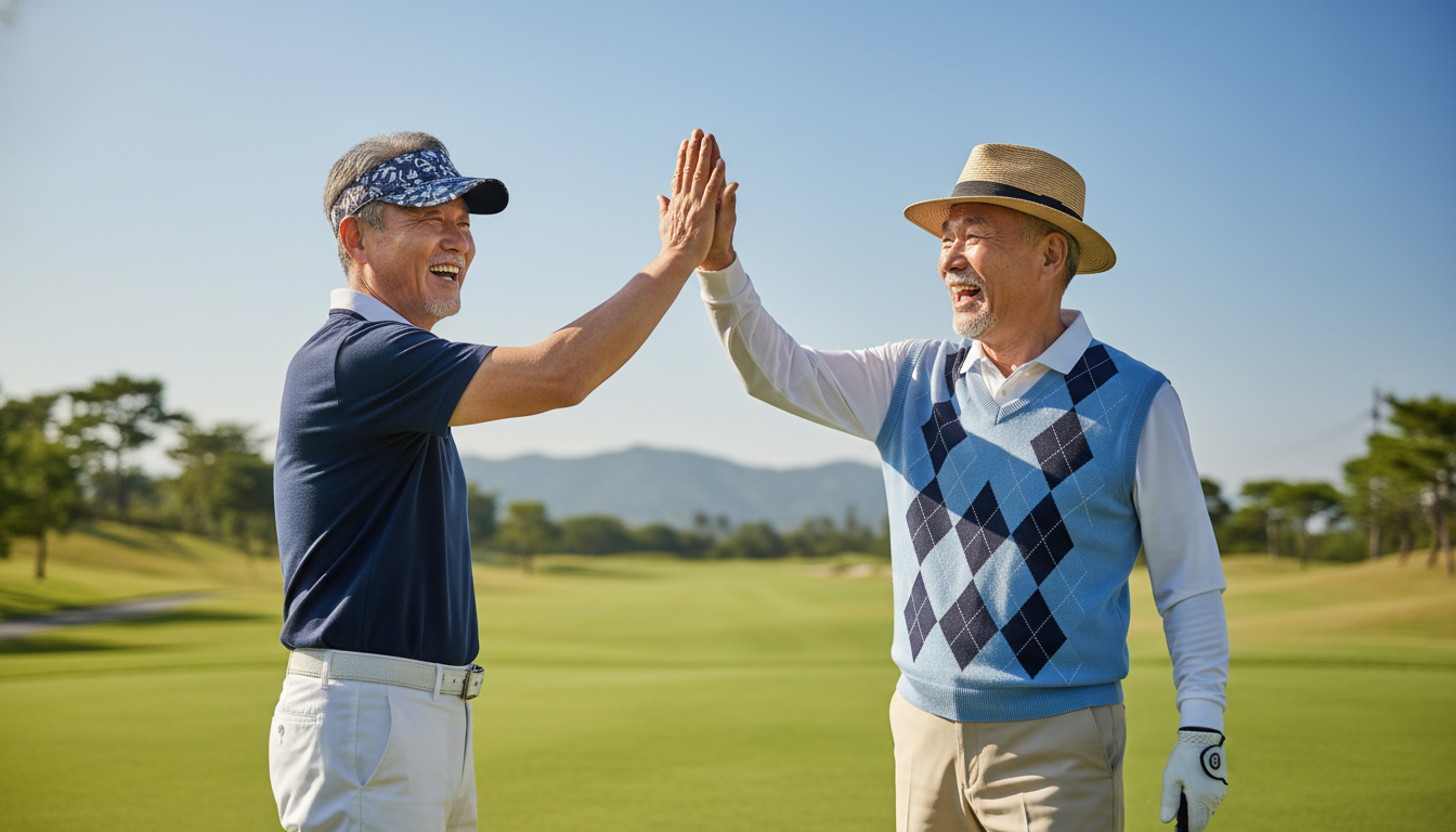 화창한 파란 하늘 아래 푸른 골프장에서 세련된 골프웨어를 입고 서로 하이파이브를 하며 활짝 웃는 60대 한국인 남성 두 명. 근심 없는 럭셔리한 은퇴 생활.