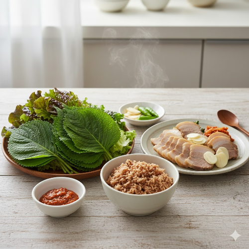 정갈하게 차려진 건강한 한 상 차림. 김이 모락모락 나는 현미밥 한 그릇과 먹기 좋은 크기로 썰어낸 담백한 돼지고기 수육이 중심에 놓여 있다. 그 주변으로 상추, 깻잎, 고추 등 싱싱하고 푸른 쌈 채소가 바구니에 가득 담겨 있으며, 저염 쌈장과 마늘 슬라이스가 곁들여져 있다. 전체적으로 우드 톤의 식탁 위에서 건강하고 따뜻한 집밥의 느낌을 주는 고화질 음식 사진이다.