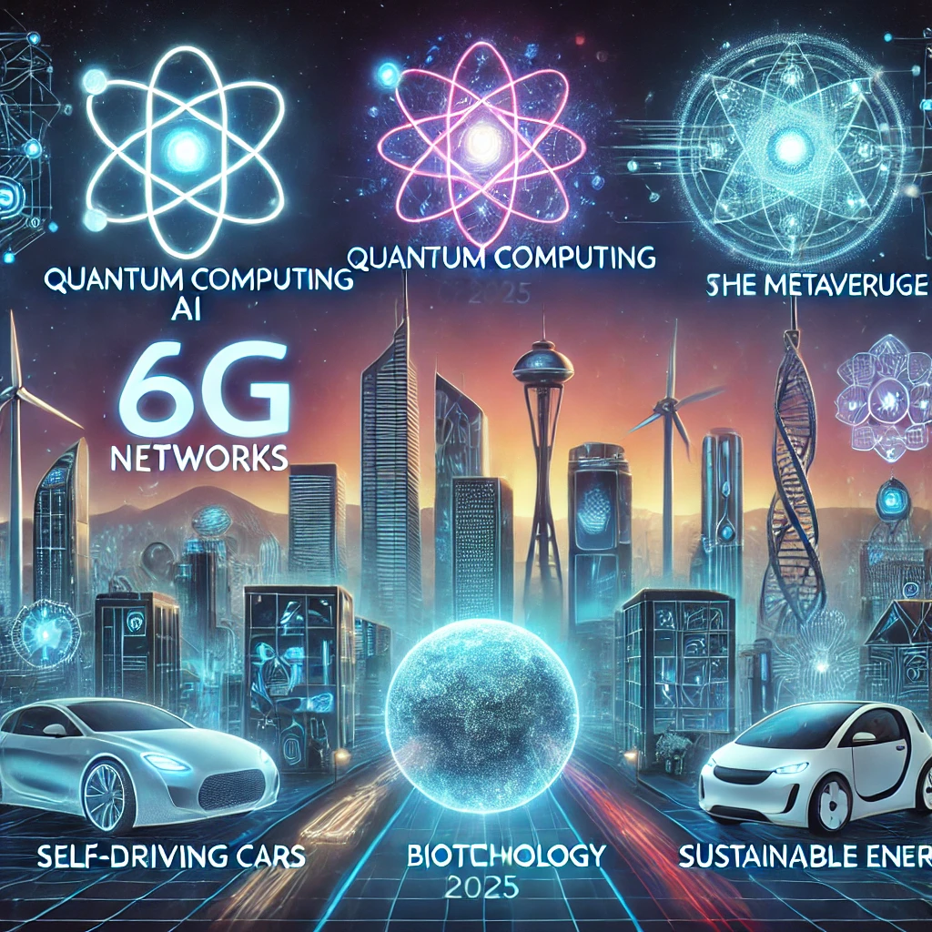 2025년을 주도할 7가지 혁신 기술을 표현한 미래지향적인 일러스트입니다! 각 기술이 하이테크 도시 풍경과 함께 빛나는 아이콘으로 나타나 있습니다.
