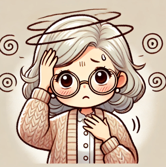 이석증으로 어지러움을 호소하는 노인 여성을 그린 삽화.