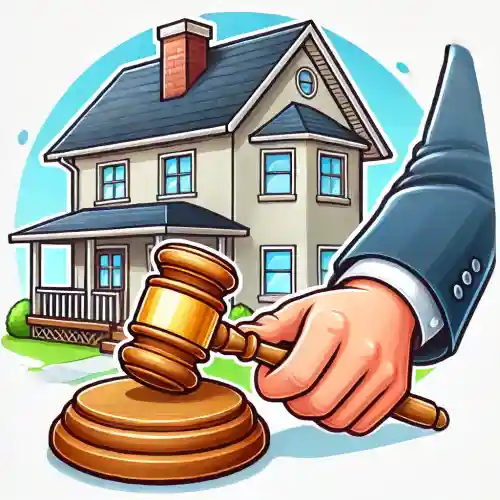 경매 대상인 주택과 판사의 판사봉이 대비되어 있다