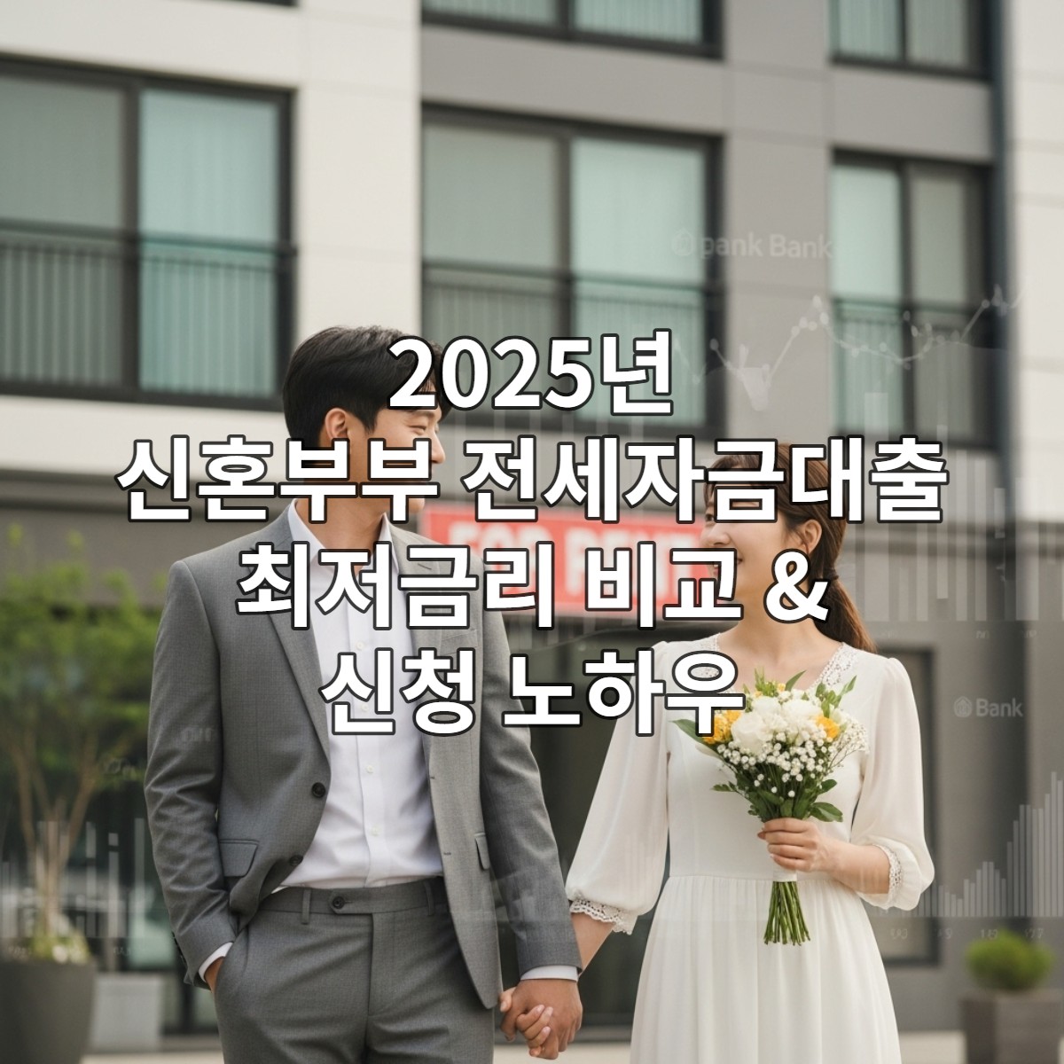 새 아파트 앞에서 서로를 바라보며 행복하게 손잡고 있는 젊은 신혼부부