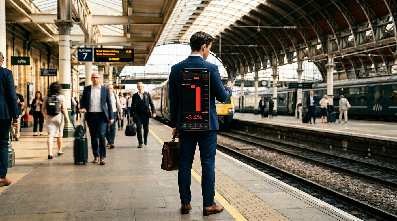 4월의 화창한 아침 햇살과 대조적으로, 스마트폰의 빨간색 하락 그래프(나스닥 -3.4%)를 보며 당혹스러워하는 직장인의 뒷모습