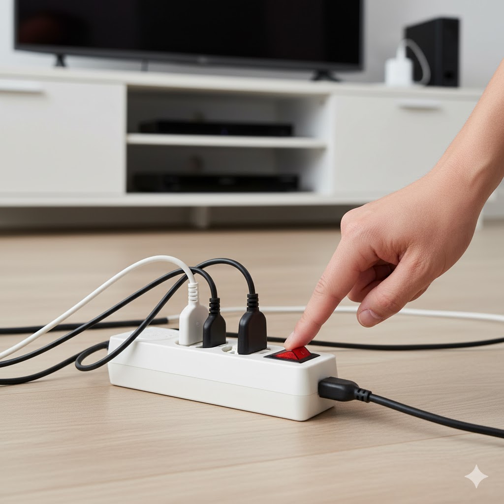 전원 스위치가 켜진 흰색 멀티탭의 스위치를 손가락으로 눌러 끄는 모습.