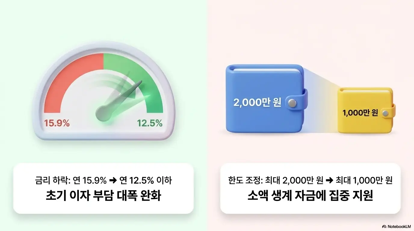 햇살론특례 지격: 금리가 연 15.9퍼센트에서 연 12.5퍼센트 이하로 내려가고 한도가 최대 2천만 원에서 최대 1천만 원으로 조정된 것을 계기판과 지갑으로 표현한 이미지. 이 이미지는 햇살론특례로 바뀌며 초기 이자 부담이 완화되고 소액 생계 자금에 집중 지원된다는 변화를 시각적으로 전달하며&amp;#44; 블로그의 햇살론특례 금리 한도 비교와 관련된 내용을 설명함 