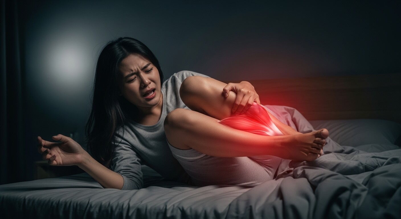 야간에 침대 위에서 종아리를 붙잡고 극심한 근육 경련으로 고통스러워하는 여성, 종아리 부위가 붉게 강조된 모습