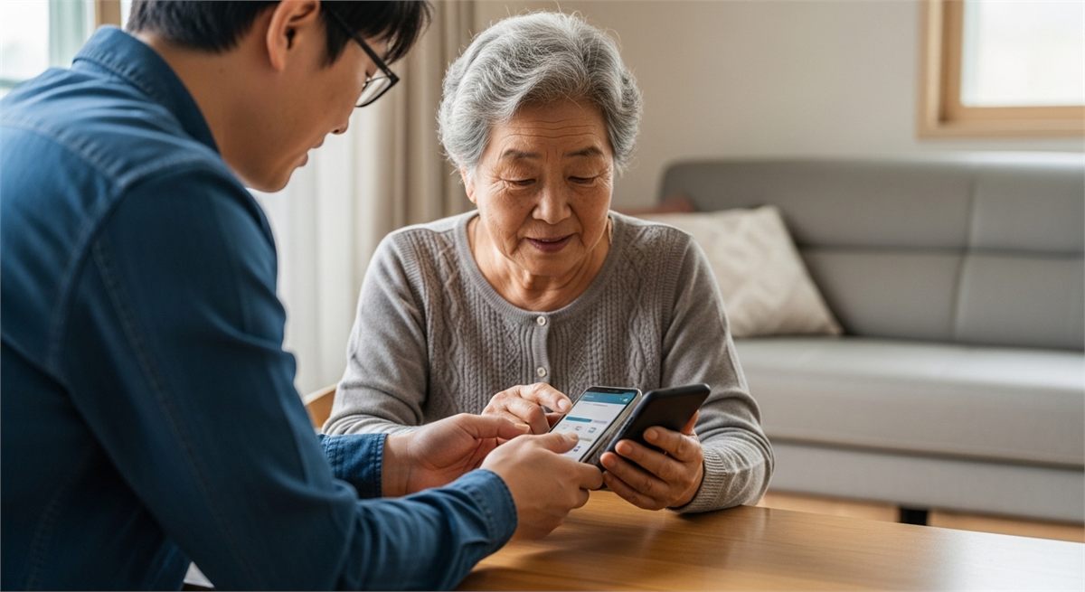 어르신이 가족의 도움을 받아 모바일 신청을 준비하는 모습 