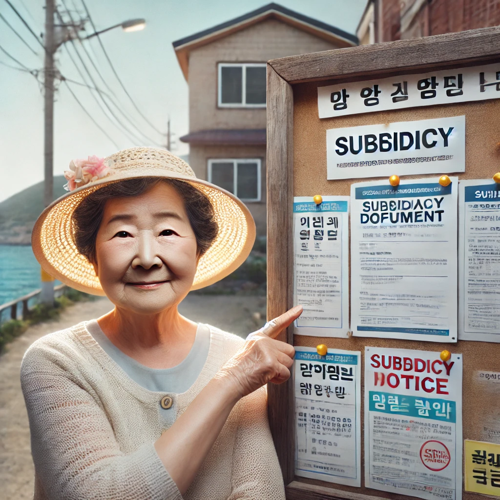 햇빛 아래 선캡을 쓴 한국 노년 여성이 게시판에서 직불금 공고를 가리키는 장면 