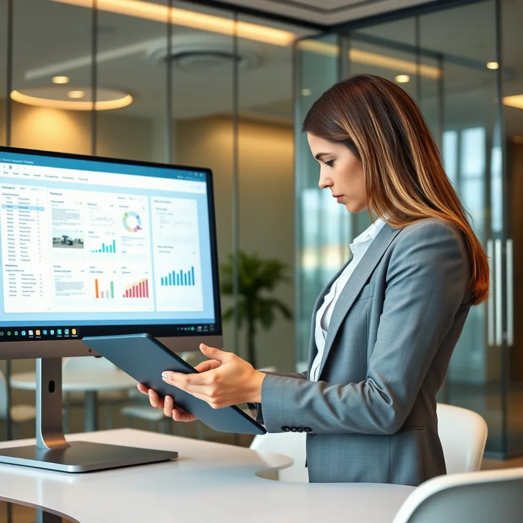 비서가 태블릿 PC나 대형 모니터를 통해 전자소송 시스템 화면을 조작하거나, 디지털 문서 파일을 관리하는 모습입니다. 첨단 기술이 적용된 법률 환경을 나타냅니다.