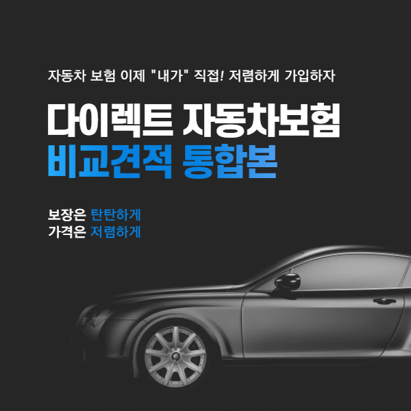 검정배경에 자동차가 있고 다이렉트 자동차보험 비교견적 글이 적혀 있는 사진