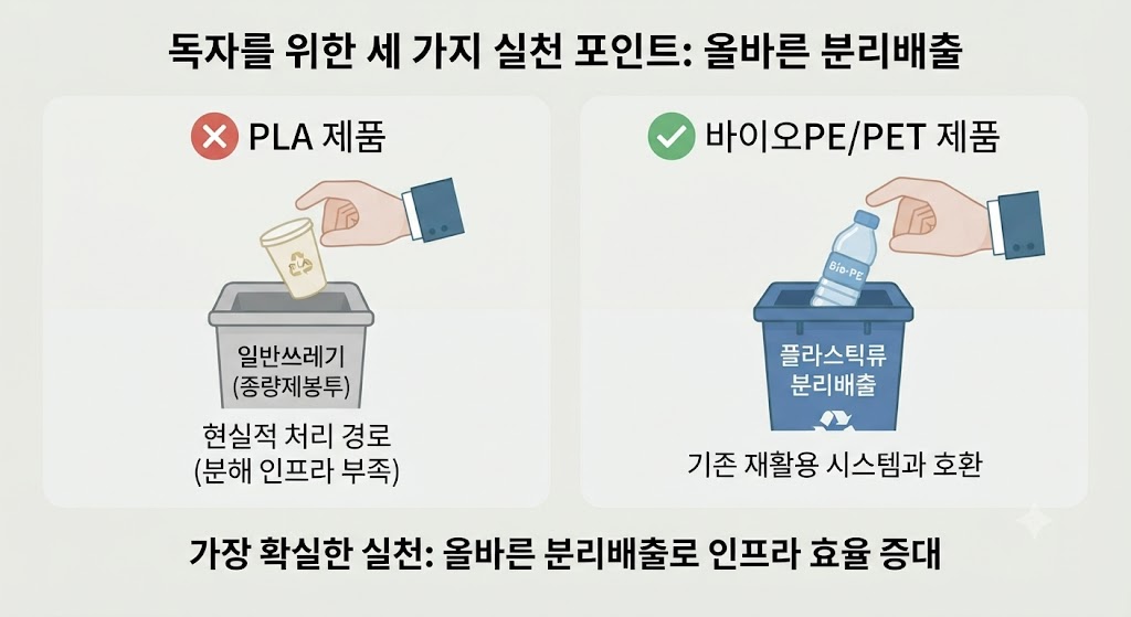 '재활용 실천 가이드'라는 제목 하에, 왼쪽에는 'PLA 제품'을 가리키며 '일반쓰레기(종량제봉투)로 배출'해야 함을 명시하고, 오른쪽에는 '바이오PE/PET 제품'을 가리키며 '기존 플라스틱류로 분리배출'함을 아이콘과 함께 보여줍니다. 가장 확실한 실천은 소재 종류에 앞서 올바른 분리배출임을 강조합니다.