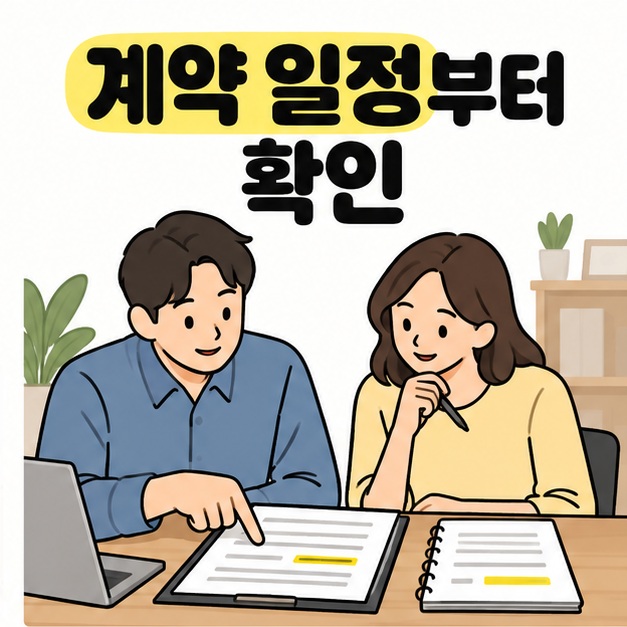 계약 일정부터 확인 문구 아래에서 두 사람이 계약서와 일정 메모의 항목을 확인하는 모습