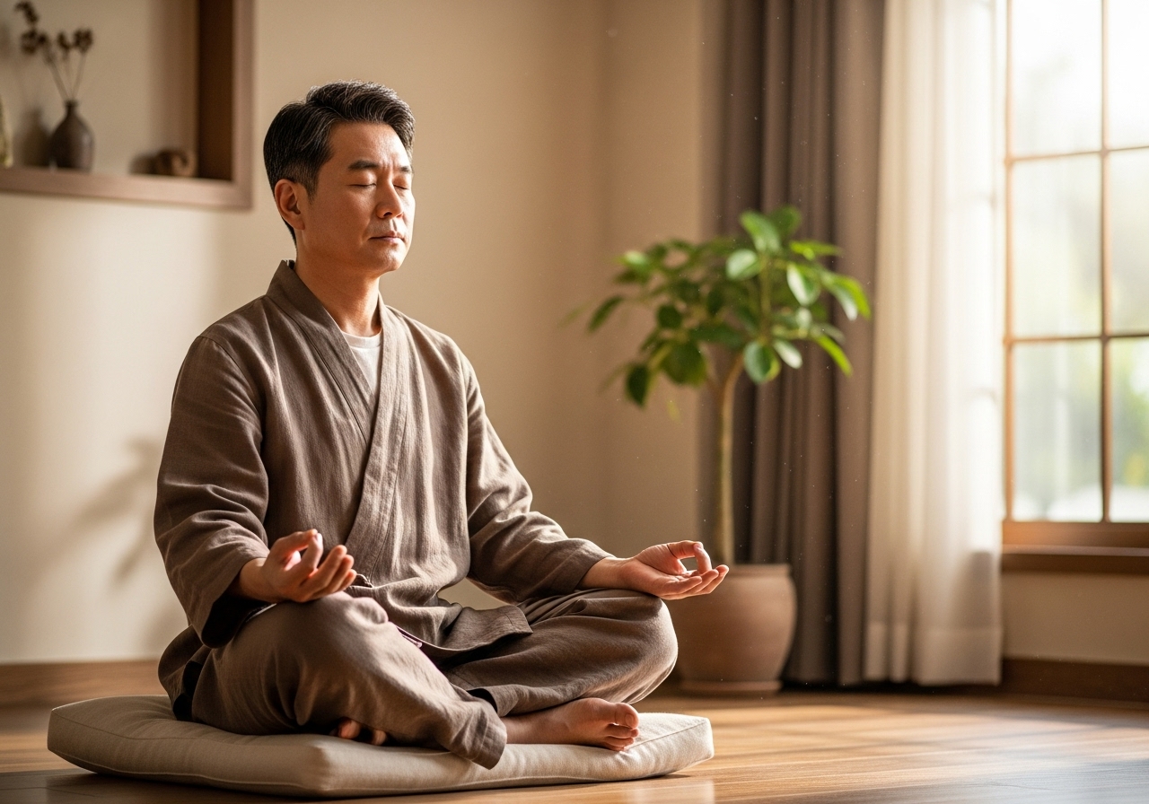50대 한국인 남성이 눈 감고 명상 중