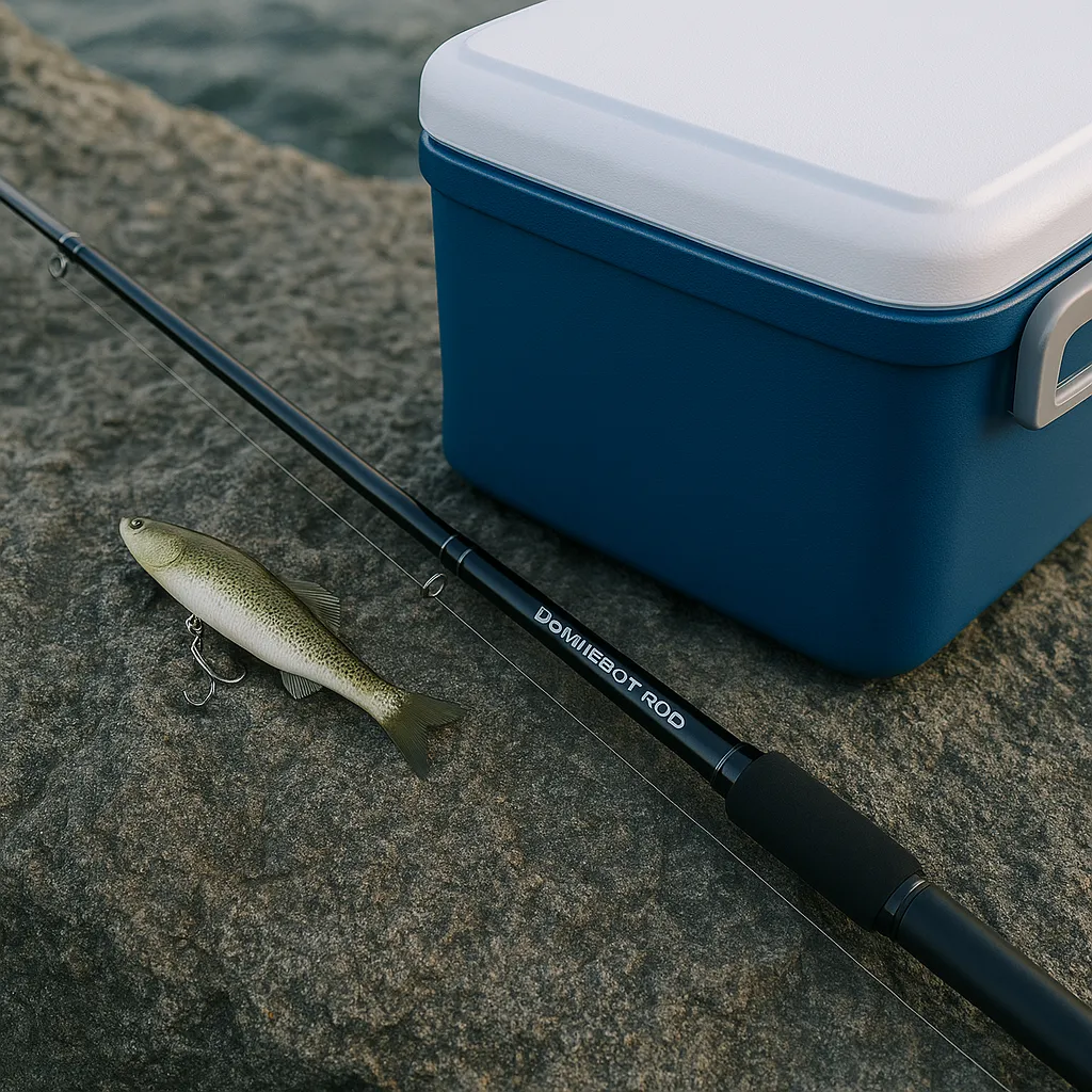 바위 위에 가지런히 놓인 다운샷 로드와 쿨러박스, 루어