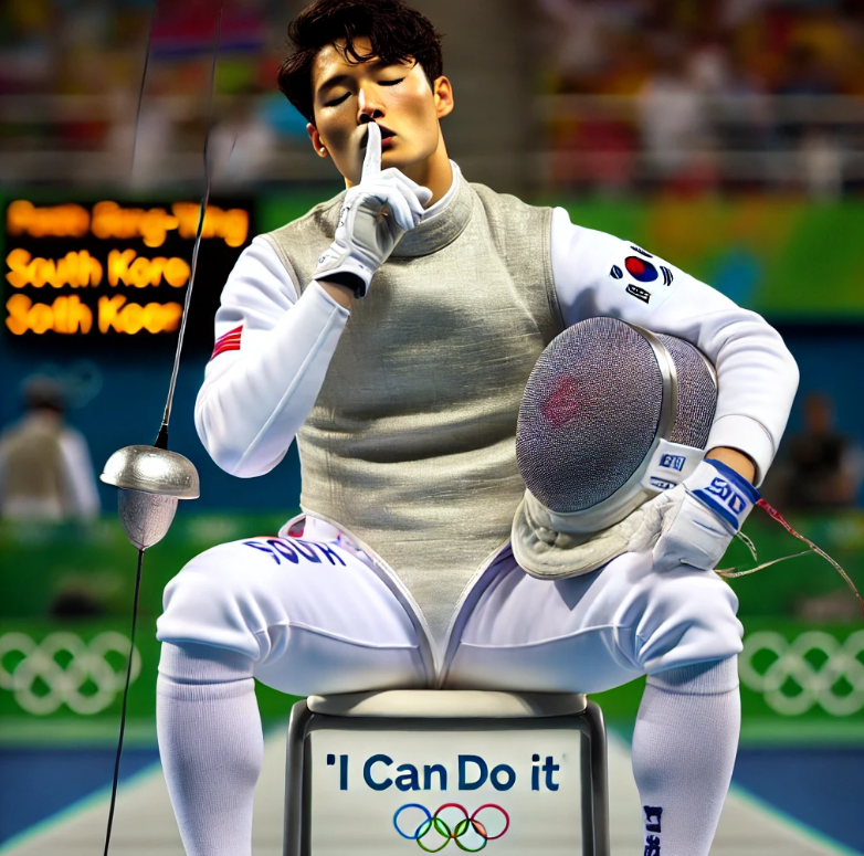 올림픽에서 경기에 집중하는 대한민국 남자 펜싱선수 이미지