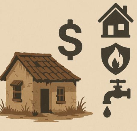 "농촌 빈집 유지비를 표현한 일러스트, 낡은 시골 집 옆에 달러 기호와 주택, 보험, 수도 아이콘이 함께 배치된 디자인"