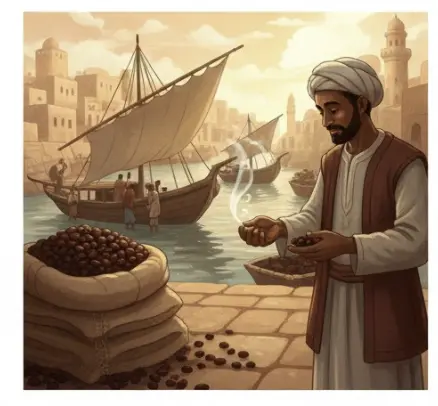 An Arab merchant inspecting coffee beans in sacks at the historic Port of Mocha in Yemen, with traditional wooden dhow ships in the background.