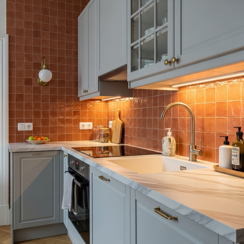 300만원으로 셀프 리모델링한 구축 아파트의 '테라코타-라이트그레이' 테마 주방. 따뜻한 조명 아래 깔끔한 상판과 모던한 수전이 돋보이는 모습.