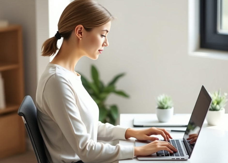 바른자세 앉자서 일하고있는 여자 사진