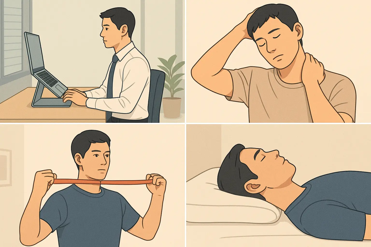 노트북을 눈높이에 맞추고 바른 자세로 일하는 한국인 직장인, 목 스트레칭과 운동을 하는 사람, 밴드를 이용해 목 주변 근육을 강화하는 장면, 낮은 베개에 반듯하게 누운 수면 자세