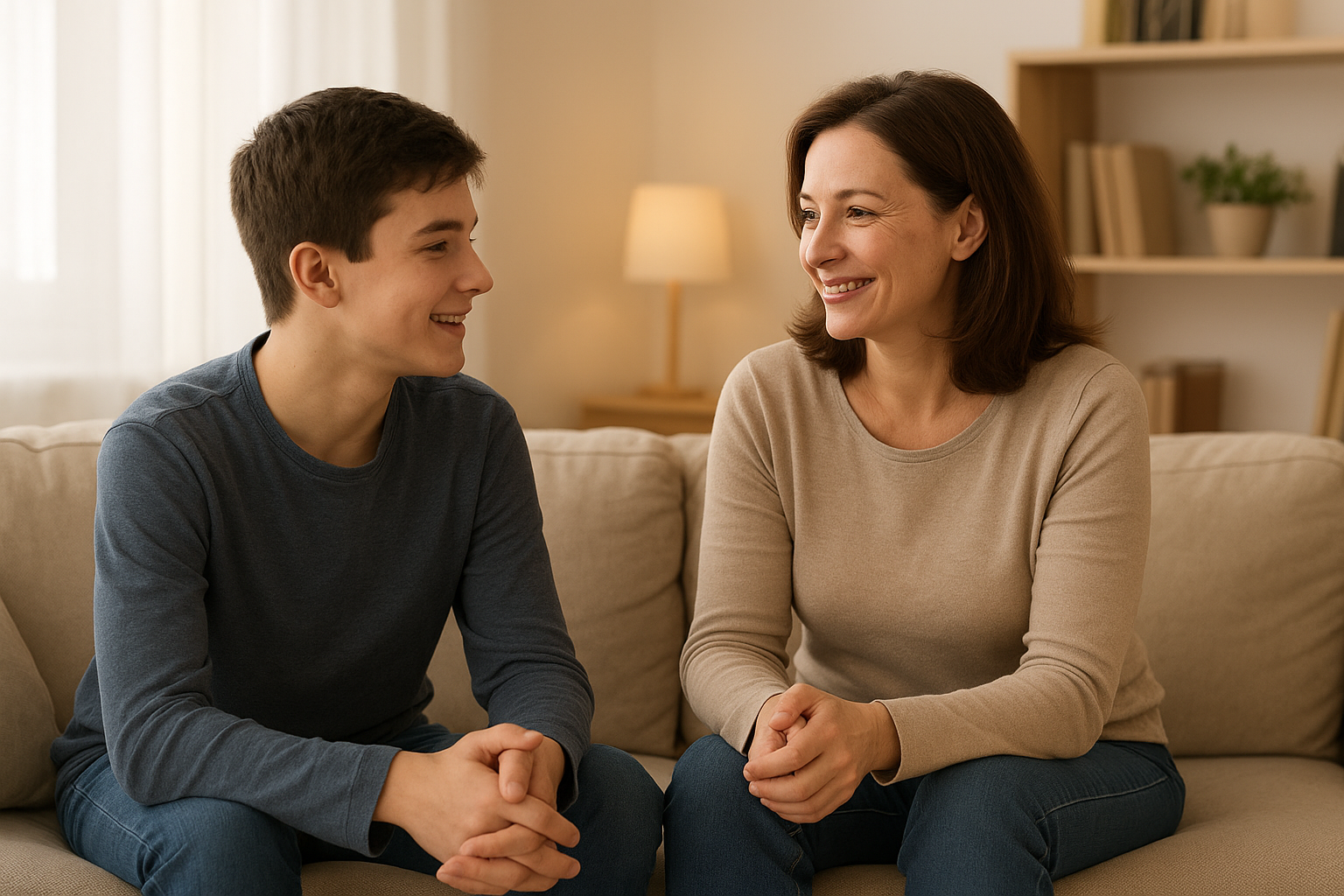 부모님과 자녀가 함께 대화하는 이미지