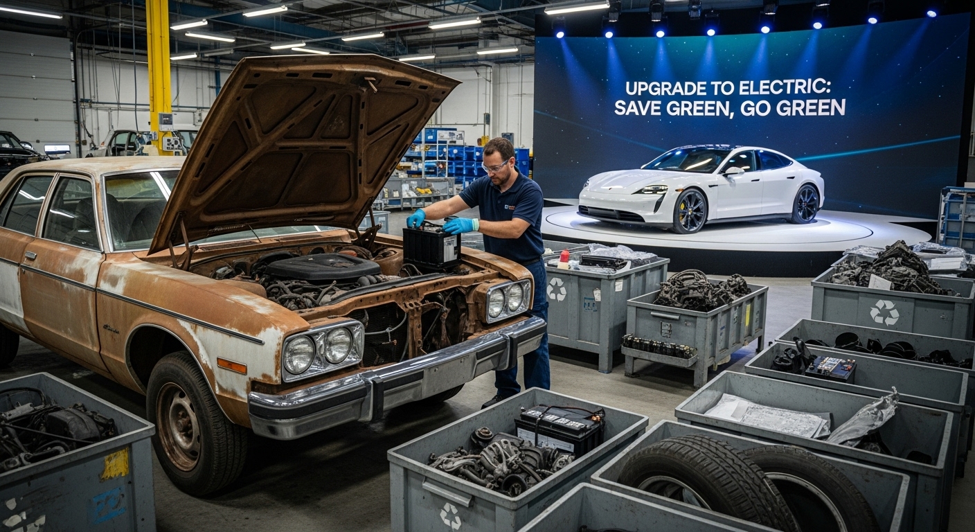 노후차 폐차 후 새로운 전기차로 전환하여 환경 보호와 함께 정부 지원금을 받는 과정을 상징하는 이미지.