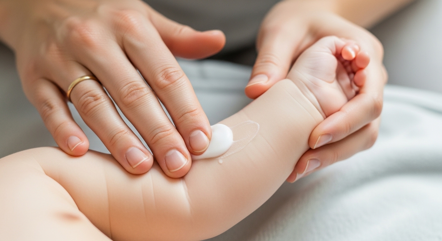 부모가 아기의 팔에 보습 로션을 부드럽게 마사지하며 발라주는 모습