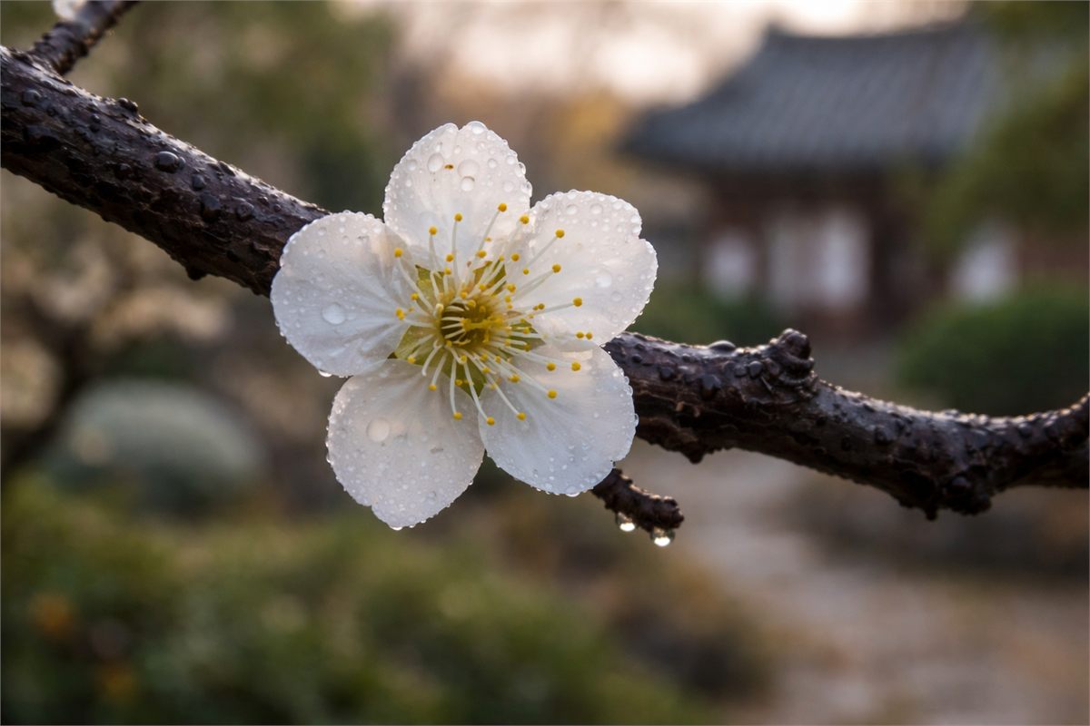 꽃잎 끝이 둥글고 수술이 길게 보이는 매화 꽃 클로즈업 