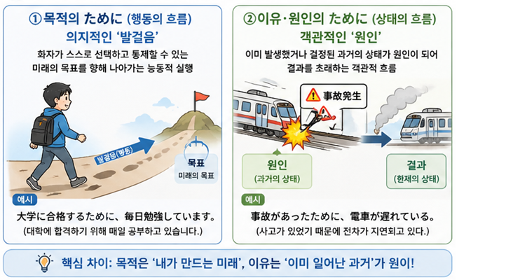 목적의 ため에와 이유&middot;원인의 ため에의 차이를 설명하는 인포그래픽. 왼쪽에는 목표를 향해 걷는 학생(의지적 발걸음)이, 오른쪽에는 사고로 지연된 전차(객관적 원인)가 그려져 있음.