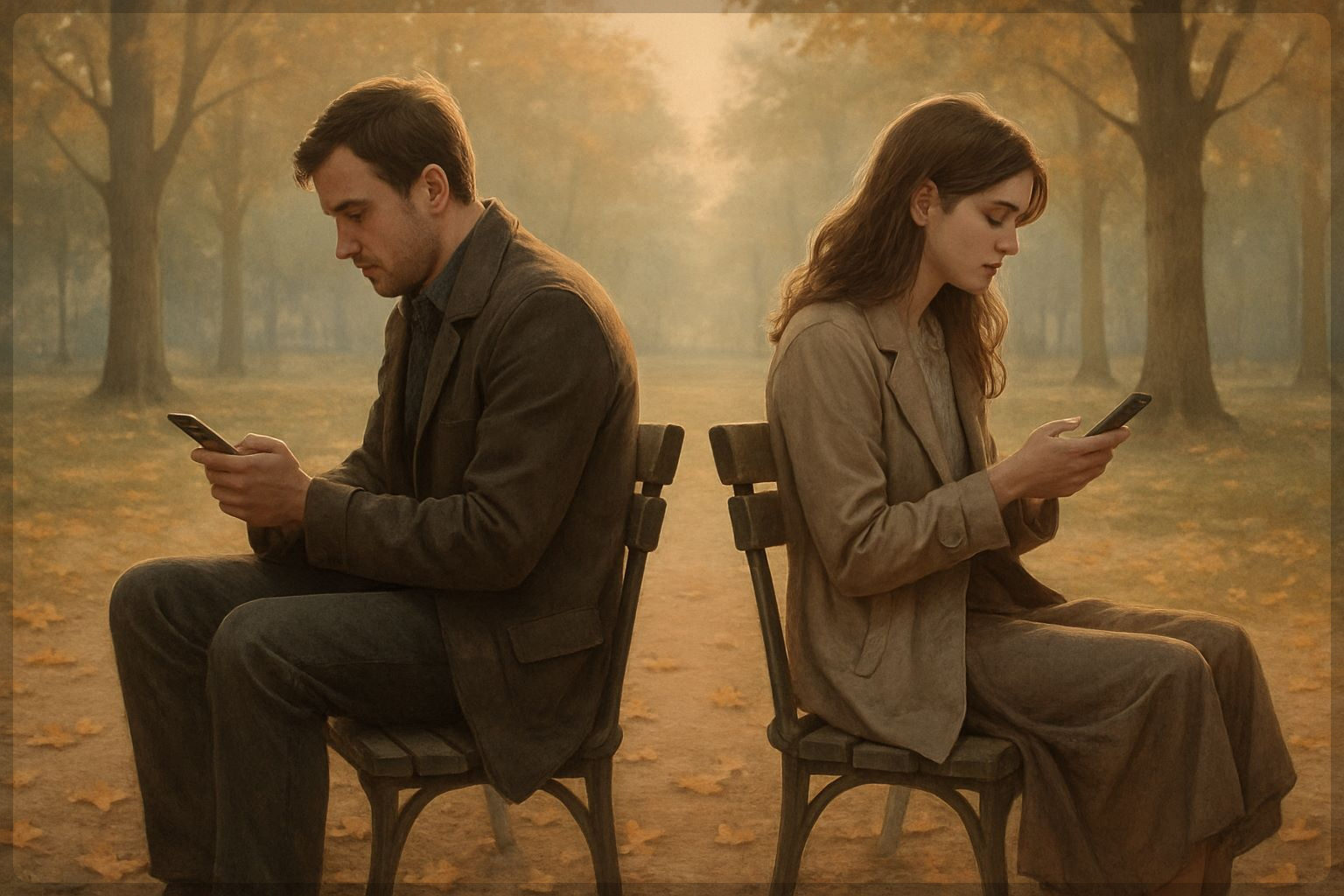 벤치에 등을 맞대고 앉아 각자 휴대폰을 보는 두 사람, 가을 햇살이 비추는 공원, 서로 간의 거리를 상징하는 빈 공간, 잔잔하면서도 약간의 외로움이 느껴지는 장면