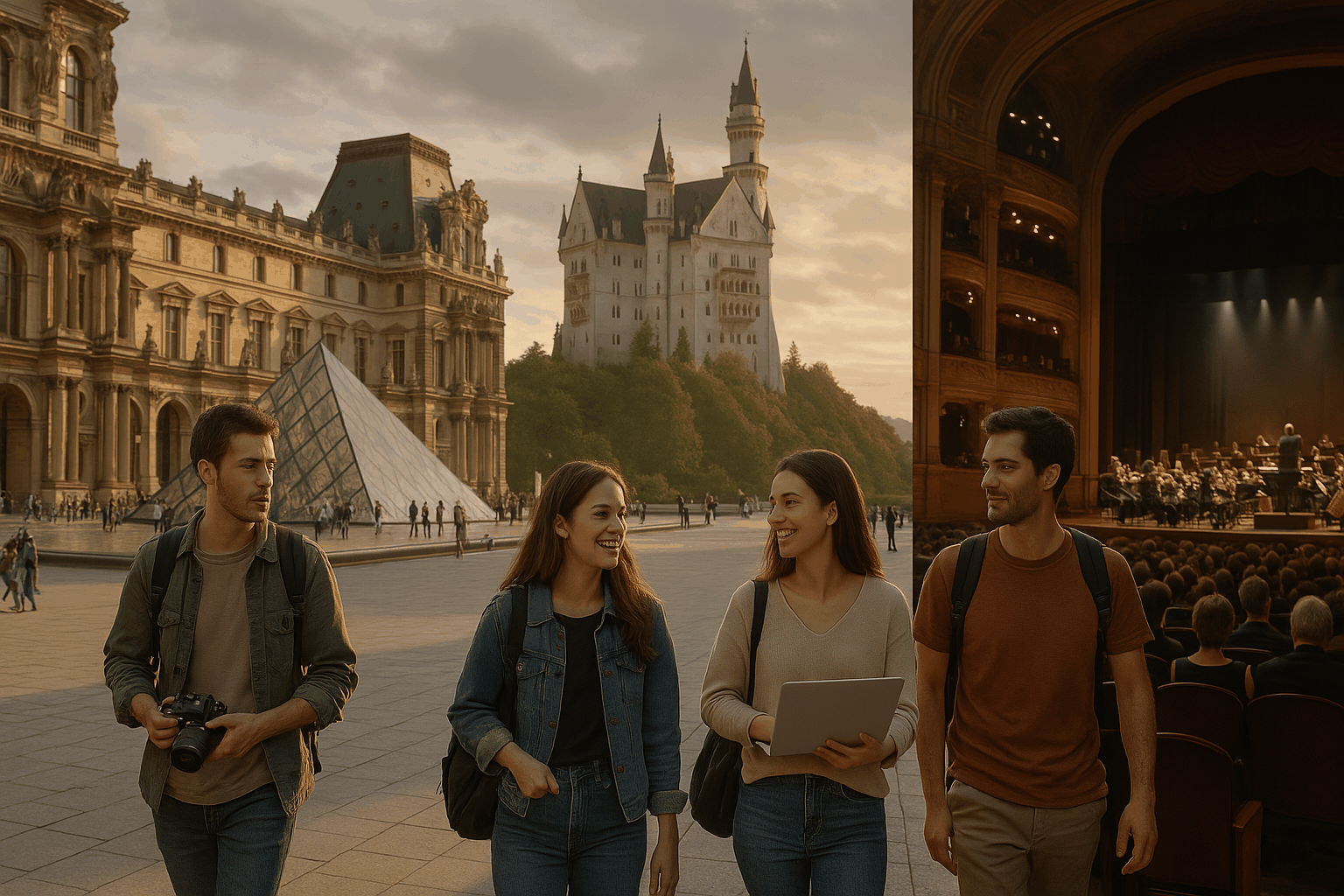 루브르 박물관 앞을 걷는 젊은 여행자들 뒤로 고성과 오페라 공연장이 어우러진 유럽 문화 여행의 풍경