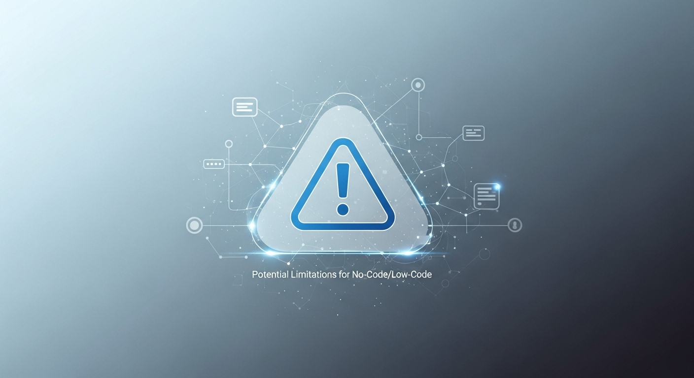 노코드/로우코드 앱 개발 시 고려해야 할 잠재적 한계와 주의사항을 나타내는 경고 아이콘.