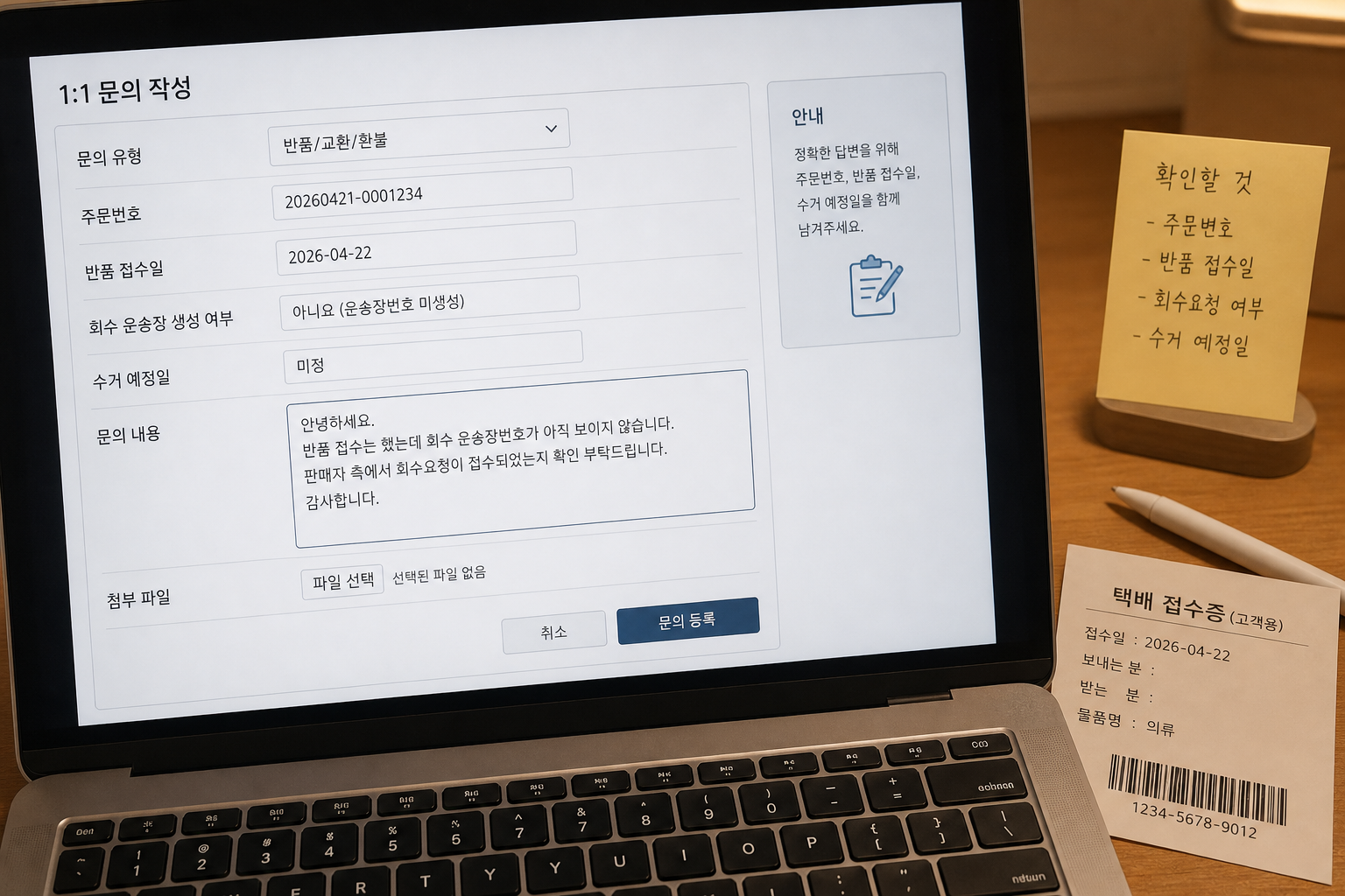 반품 회수 요청 상태를 판매처 문의창에 입력하는 화면