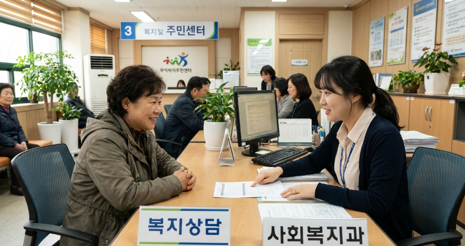 주민센터 복지 창구에서 신속하게 노인맞춤돌봄 긴급지원을 상담받는 보호자