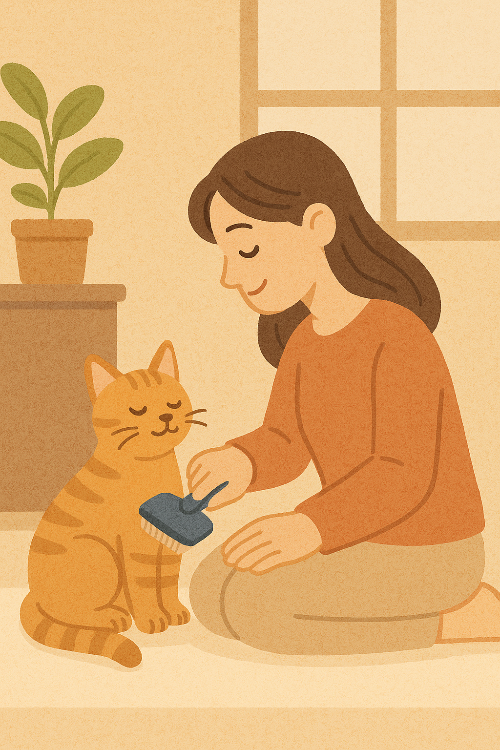 사람이 고양이에게 빗질해주는 그림