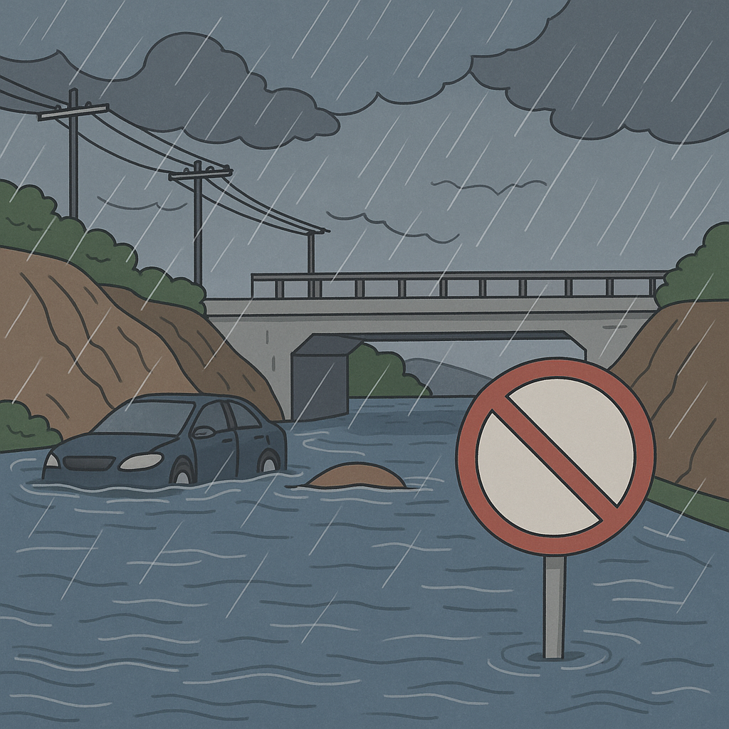 침수로 인해 주차 금지 안내되는 주차장