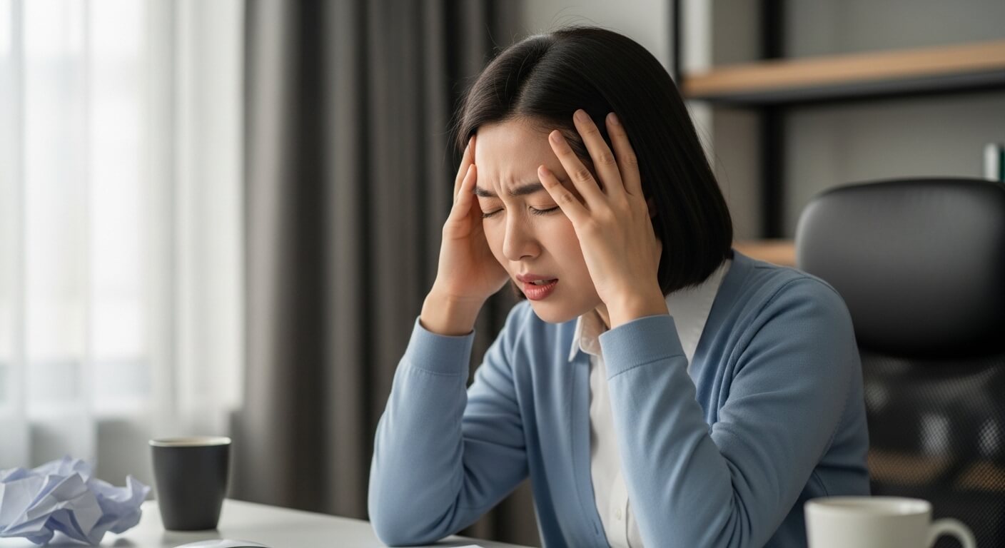 두통으로 머리를 감싸고 있는 여성 모습, 스트레스성 두통 증상