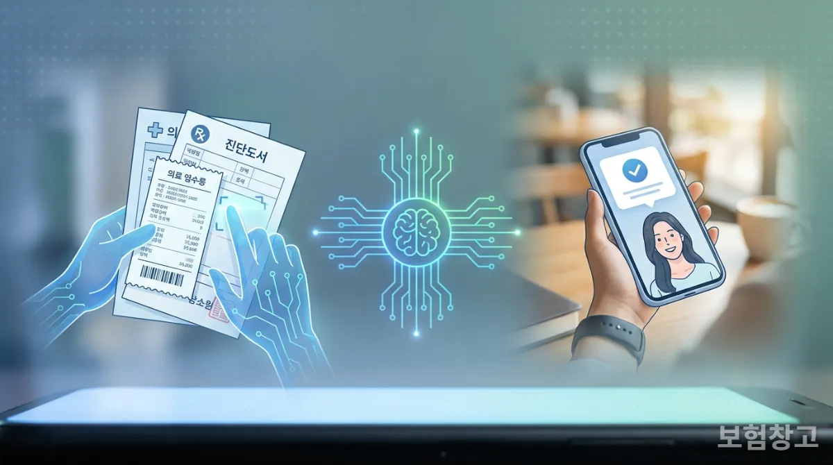 AI가 보험 서류를 분석하여 보험금을 찾아주는 과정을 보여주는 그래픽