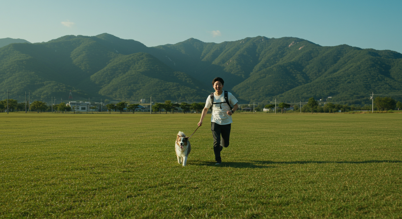 강원도의 넓은 자연에서 반려견과 함께 뛰어노는 모습