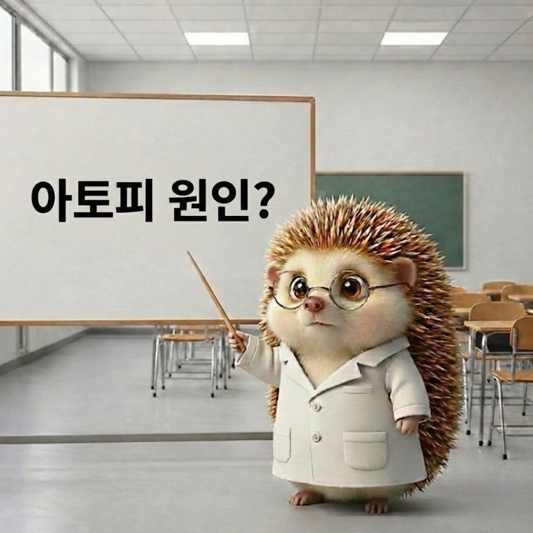 아토피 원인에 대해 설명하고 있는 의사가운을 입고 있는 도치씨의 모습