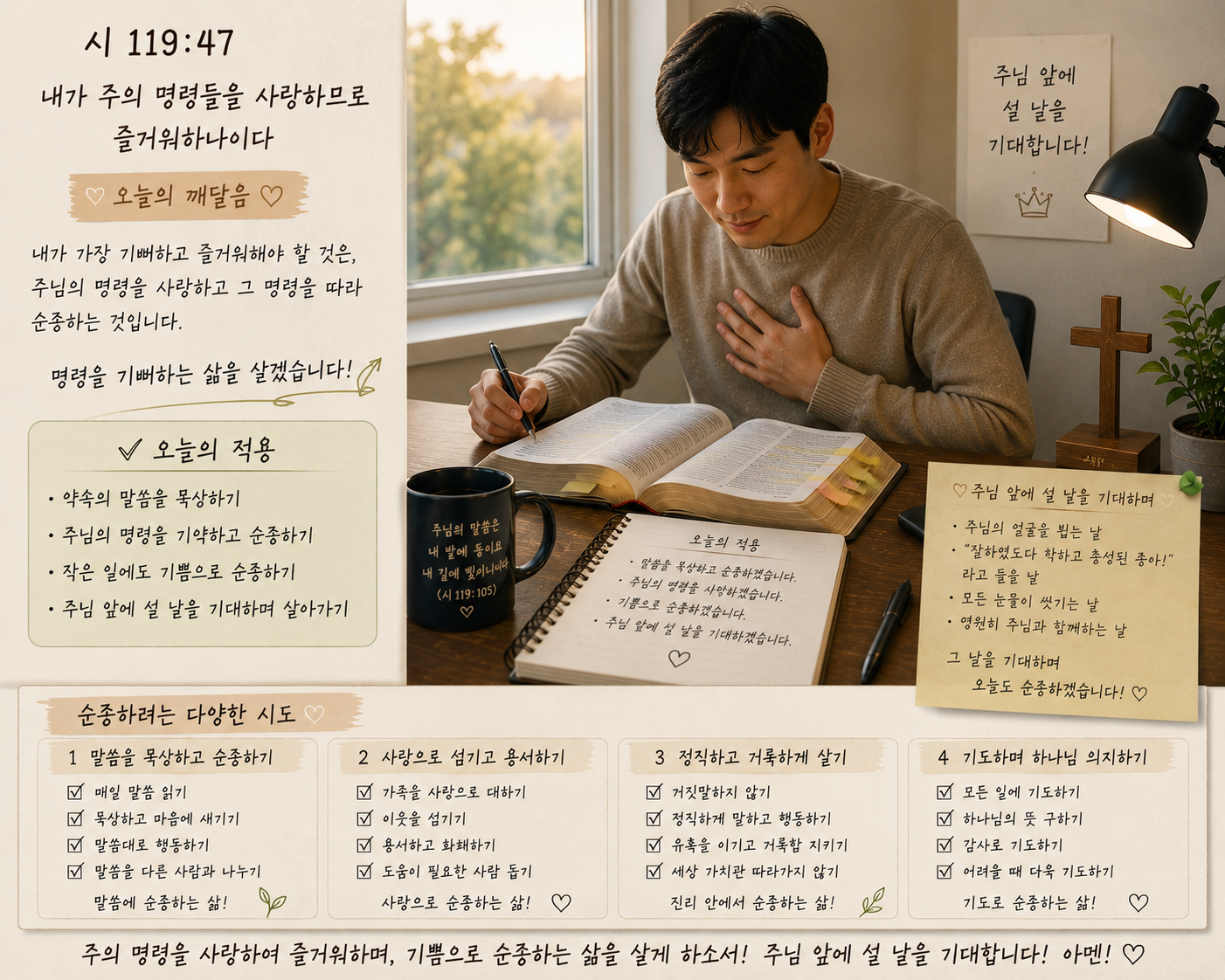 시 119:47 말씀에서 제가 가장 기뻐하고 즐거워해야 할 것이&amp;#44; 제가 주님의 명령을 사랑하며&amp;#44; 그 명령을 따라 순종하는 것임을 기억하며&amp;#44; 명령을 기뻐하는 삶을 살아가야 할 것이 생각되었고&amp;#44; 오늘도 순종하려는 다양한 시도를 할 것을 적용하겠습니다. 그래서 먼저 약속의 말씀을 묵상하며 주님 앞에 설 날을 기대하는 시도를 하는 모습입니다.